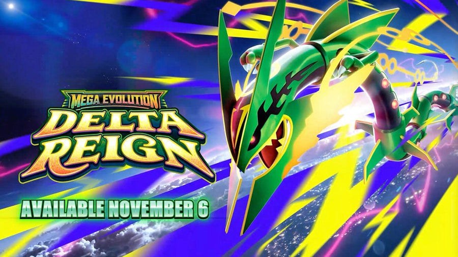Mega Rayquaza op de promotiebanner van Pokémon TCG Mega Evolution Delta Reign, met releasedatum 6 november.
