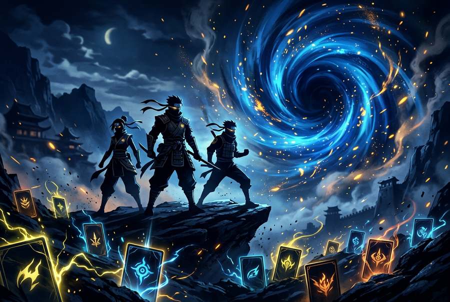 AI-geïllustreerde Naruto Card Game-aankondiging: drie ninja-silhouetten bij blauwe energiewervel en geel-blauwe kaartmotieven. Geen officiële Bandai-productafbeelding.