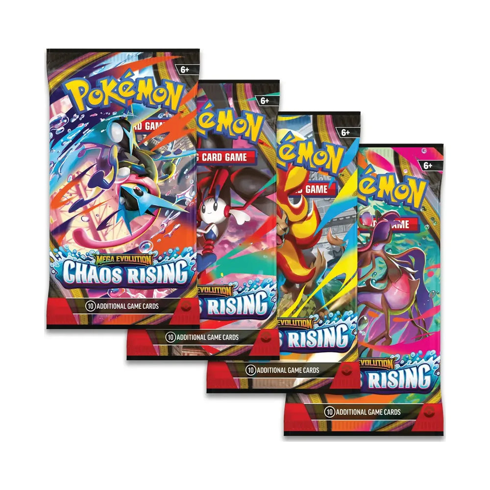 Pokémon Mega Evolution Chaos Rising Booster Pack – verschillende boosterpack-artworks